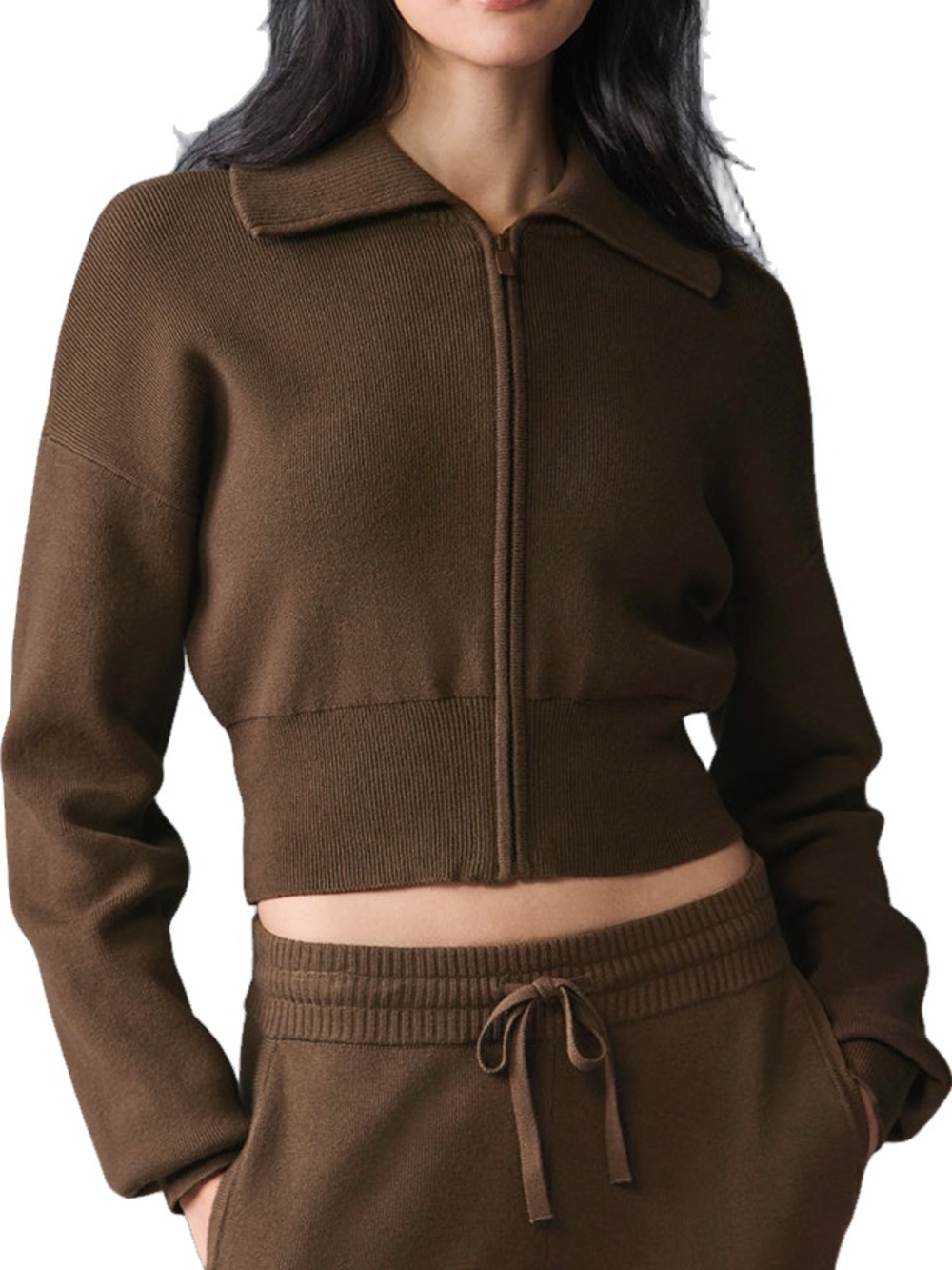 ALO Yoga Brown Cropped Zip-Front Bomber Sweater